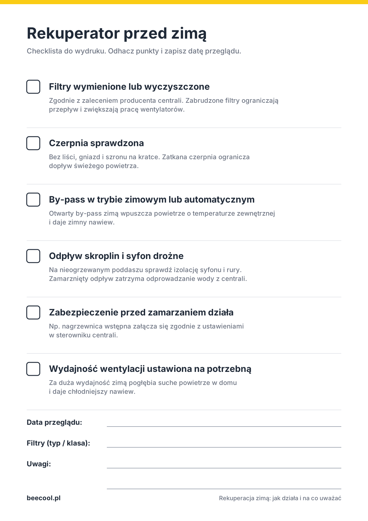 Checklista: przygotowanie rekuperatora do zimy