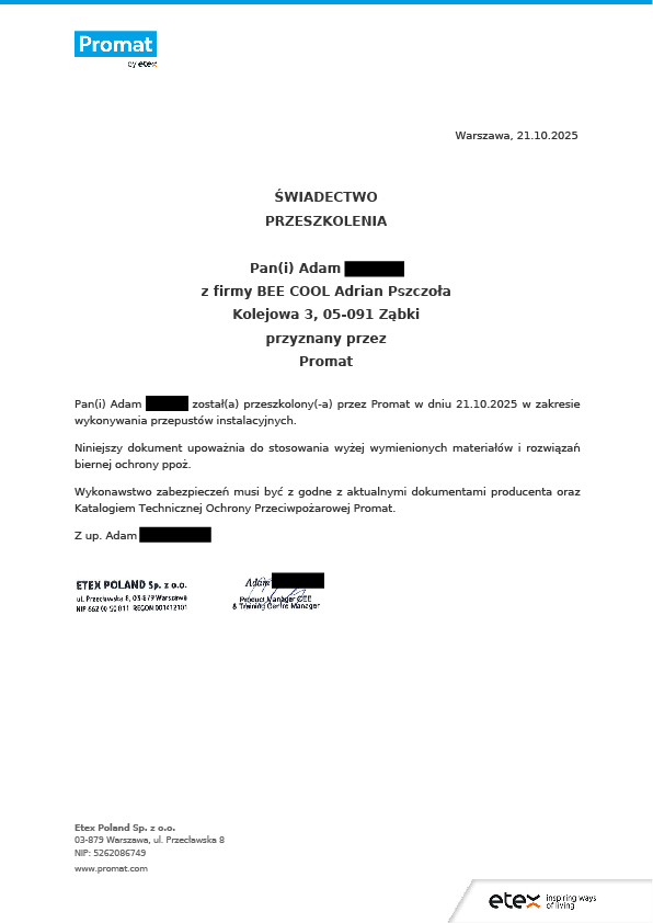 Certyfikat Promat - Adam