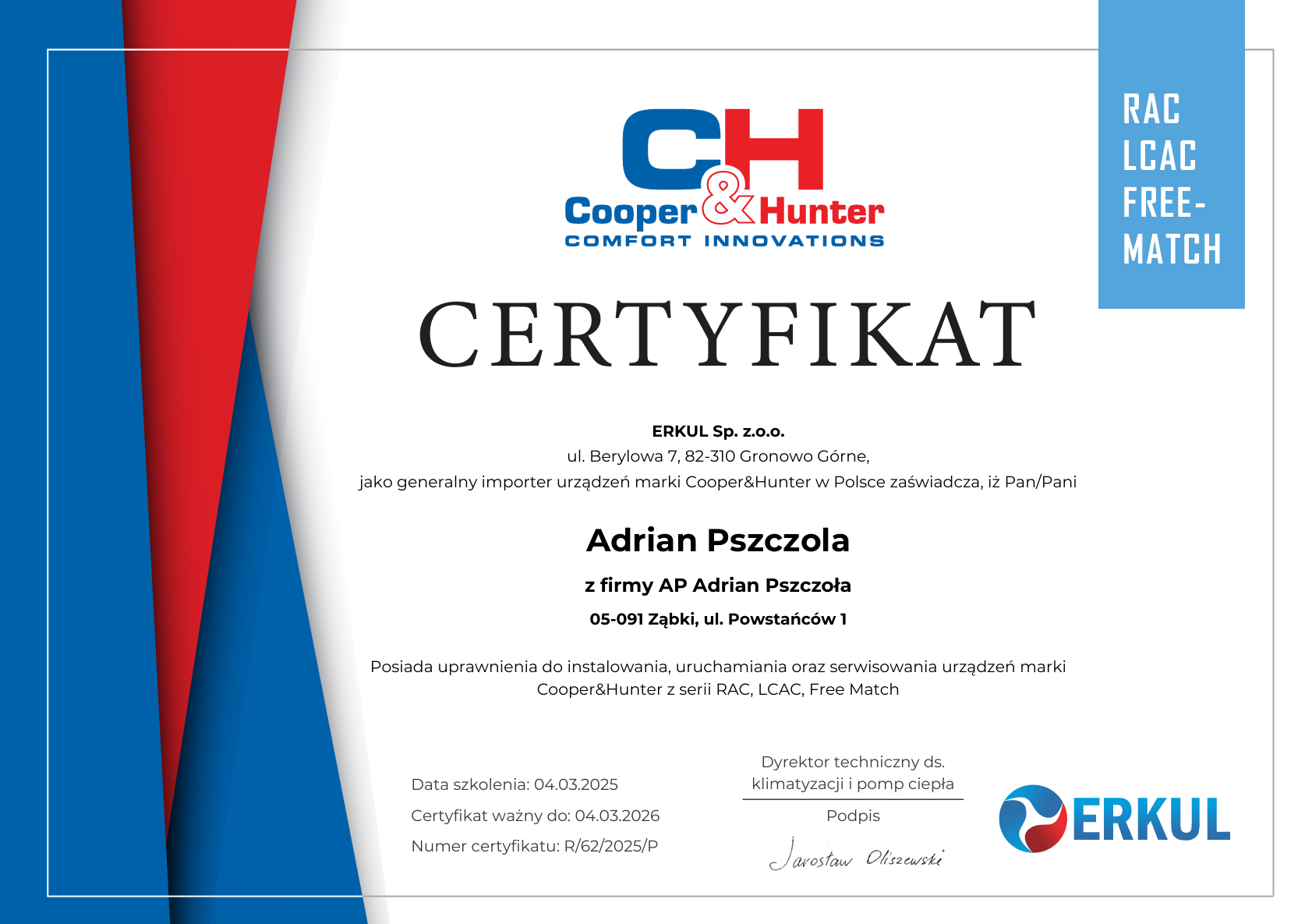 Certyfikat Cooper&Hunter