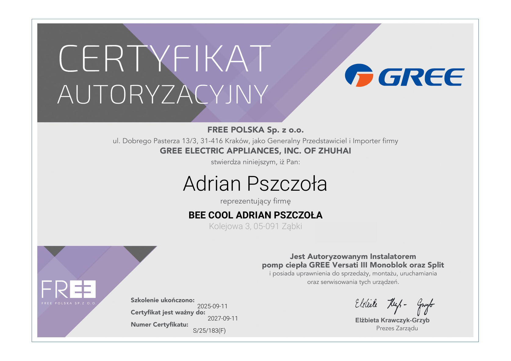 Certyfikat Gree Split