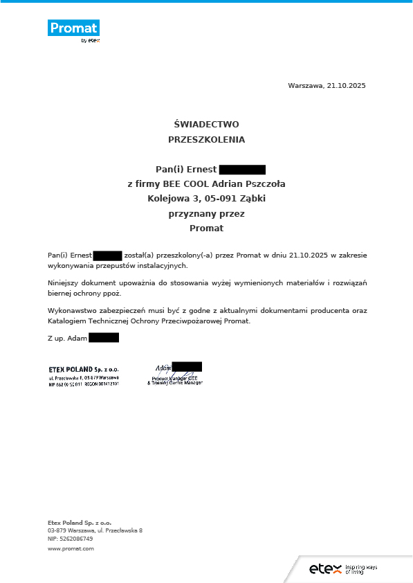 Certyfikat Promat - Ernest