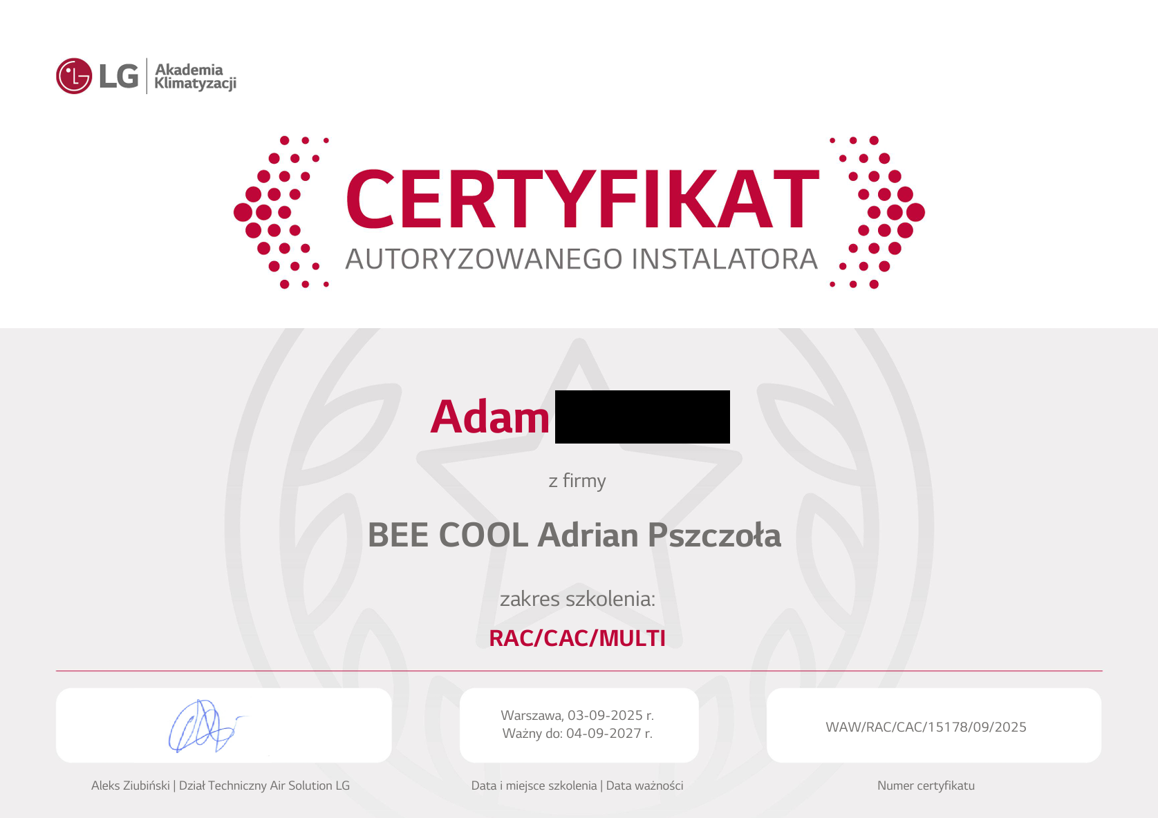 Certyfikat RAC CAC - Adam